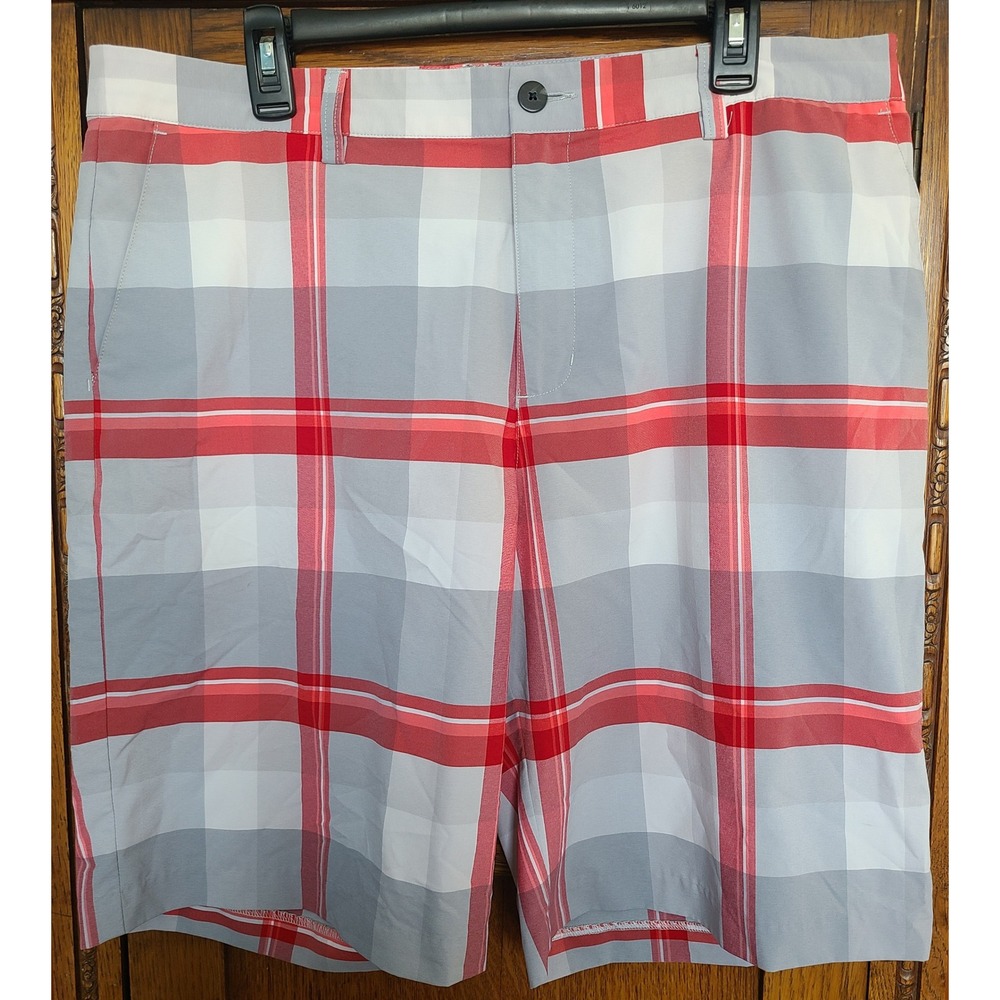 Adidas Golf Shorts Mens 36 Grey Red Plaid Flat Front Z57993 AE7005